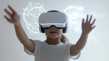 Child wearing VR headset, interacting with geometric shapes, equations, and 3D graphs, on a white background.