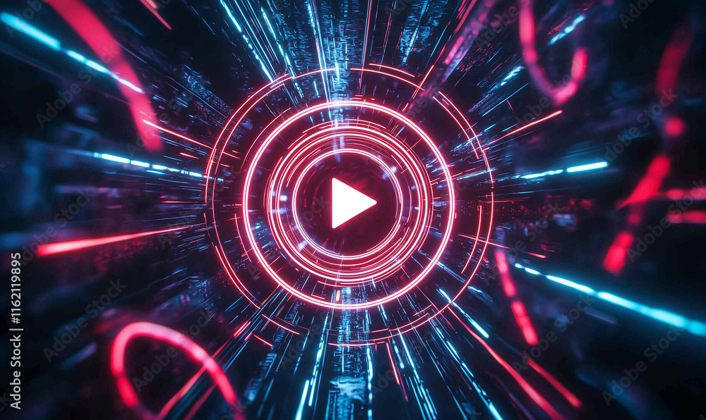 Poster exploring play button digital music productions top playlists on streaming platforms for synthesizer