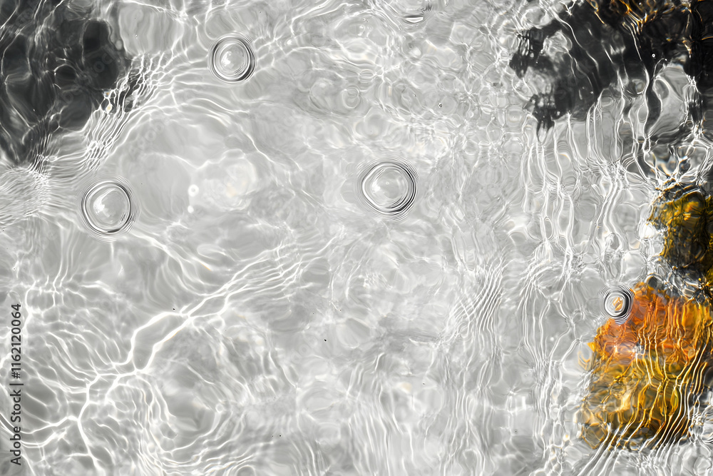 Poster closeup of desaturated transparent clear calm water surface texture with splashes and bubbles. trend