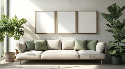 Modern living room interior with beige sofa, three blank frames, and potted plants.