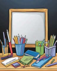 Fototapeta premium Colorful stationery and notebooks arranged on a wooden table with a blank frame for creativity.
