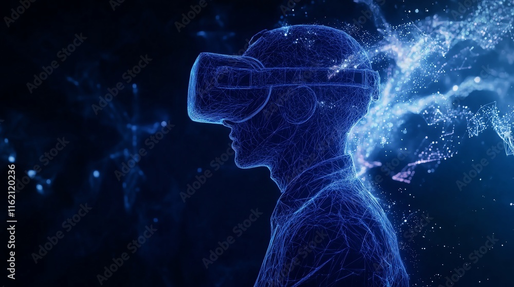 Poster a person immersed in a dynamic big data world wearing a vr headset, with flowing data streams disper