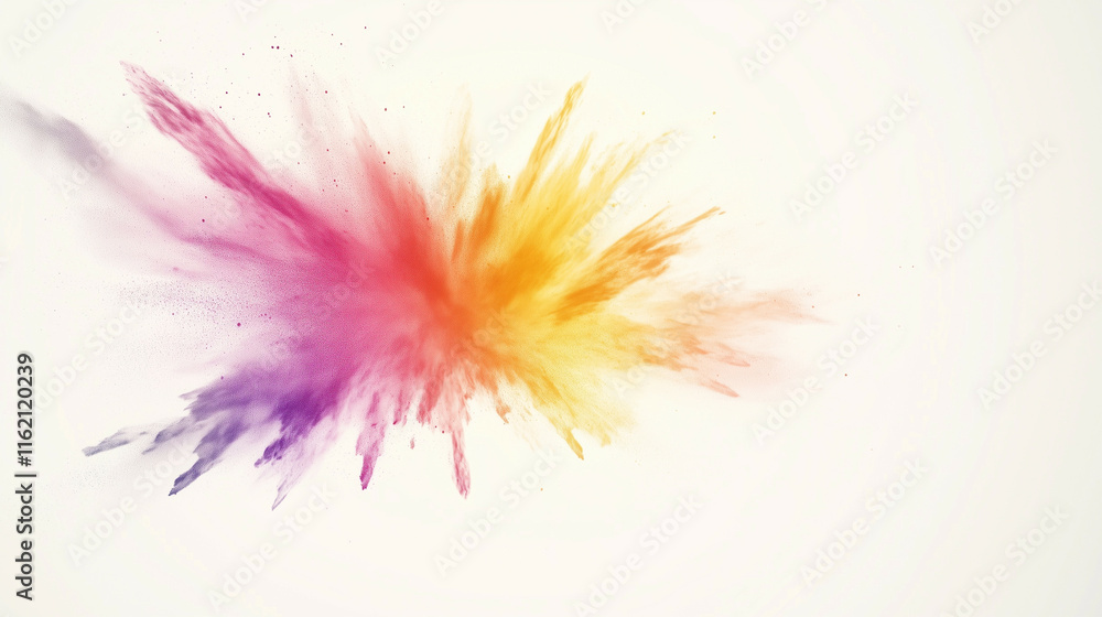 Poster a starburst of vibrant particles in neon colors exploding outward on a soft grey background. the sha