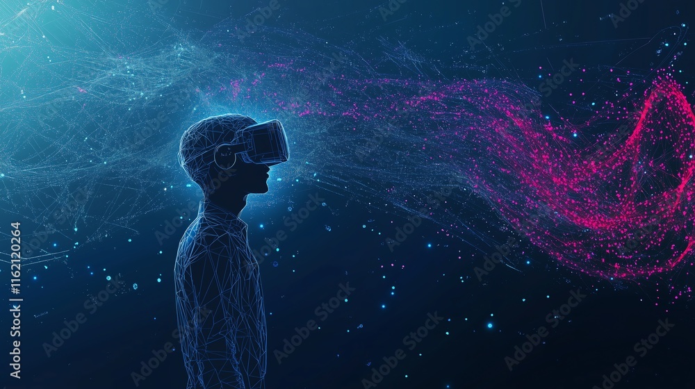 Poster a person immersed in a dynamic big data world wearing a vr headset, with flowing data streams disper