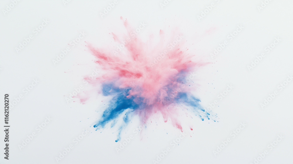 Poster a starburst of vibrant particles in neon colors exploding outward on a soft grey background. the sha