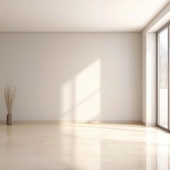 Fototapeta premium A minimalist empty room with a light floor, large windows, and a single decorative vase.