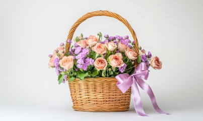 Beautiful floral arrangement in a wicker basket with pink and purple flowers for decoration