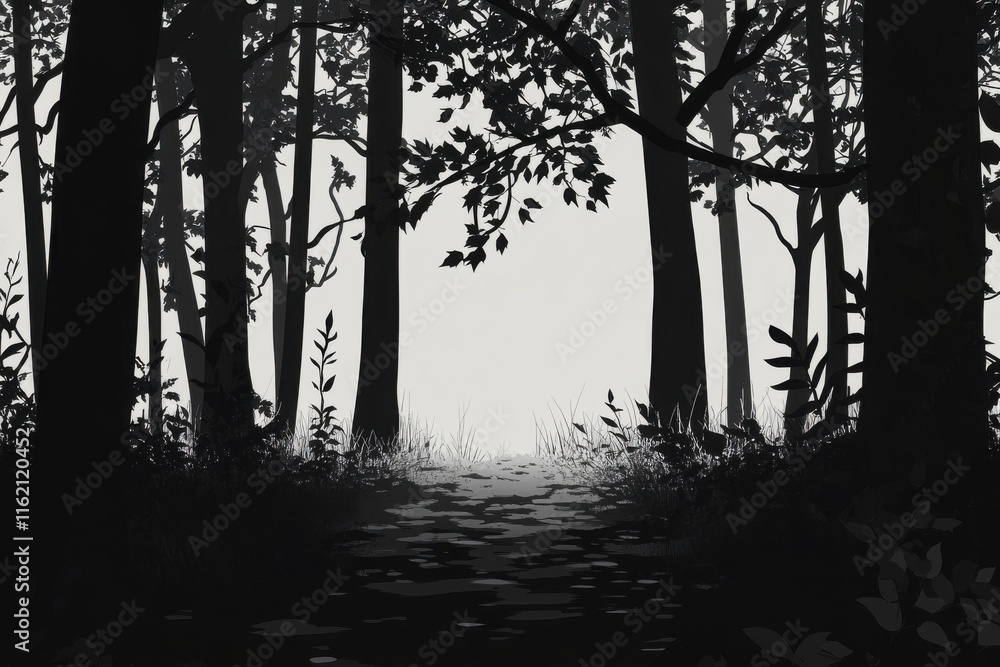 Poster mysterious forest silhouette with dark trees and soft light, evoking tranquility and calmness.