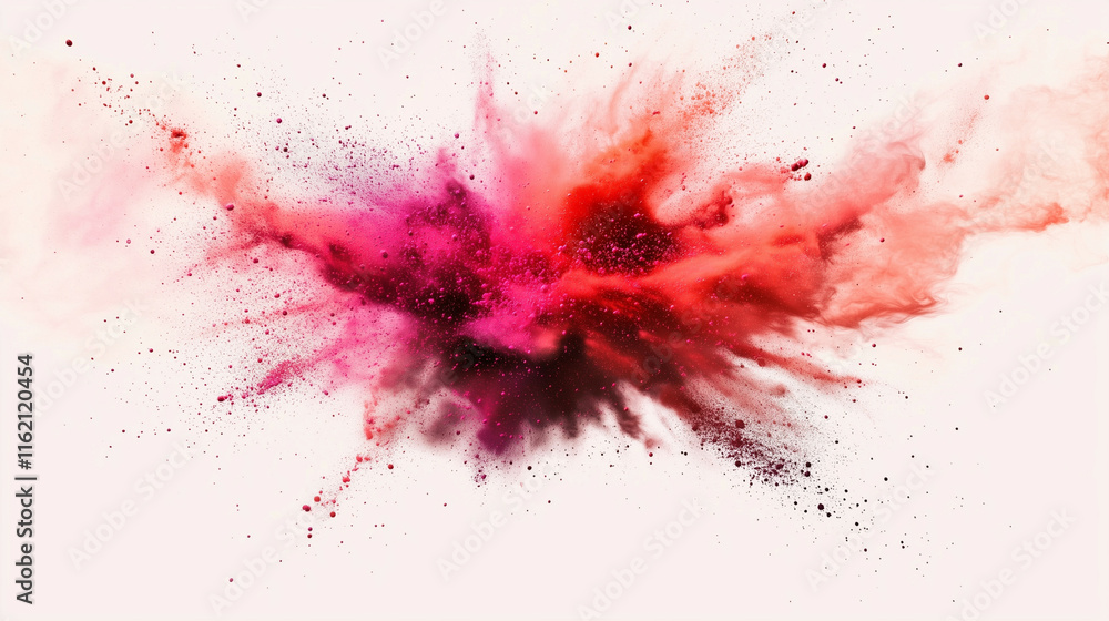 Poster a starburst of vibrant particles in neon colors exploding outward on a soft grey background. the sha