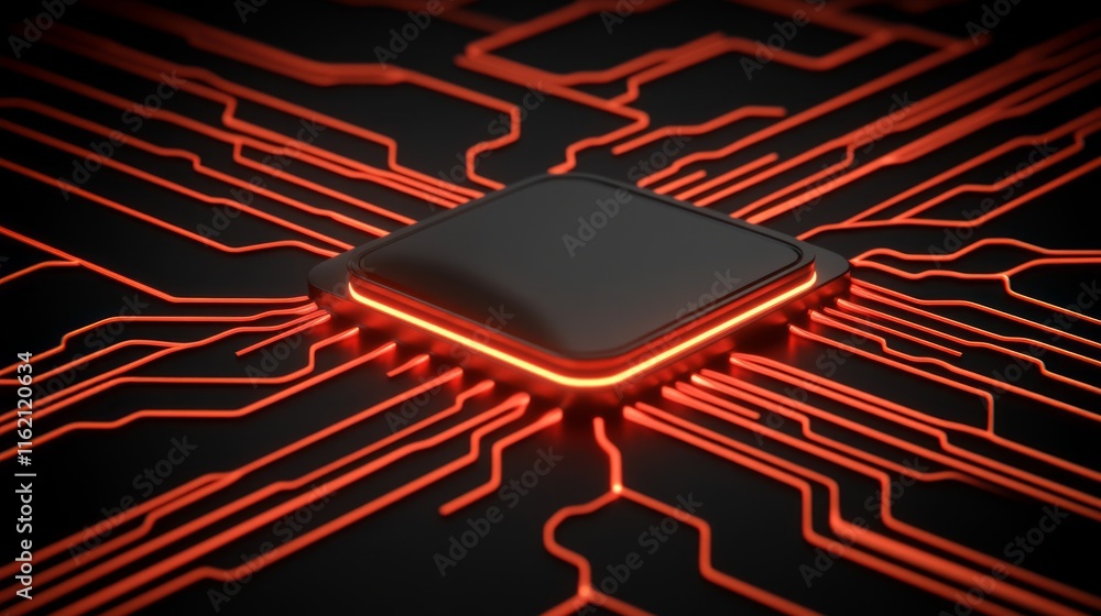 Poster glowing red circuit board with central processor