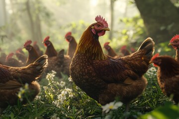 Fototapeta premium Rosters and Chickens Free Range Roaming