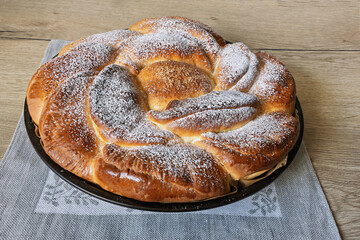 Muffin cake with cottage cheese and apples on a rustic oak table