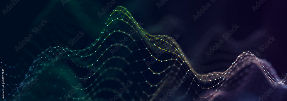 Poster digital background. abstract wave with connected dots and lines on. network connection structure. 3d
