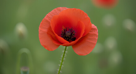 A vivid red poppy in full bloom with a green blurred background, showcasing its delicate petals.