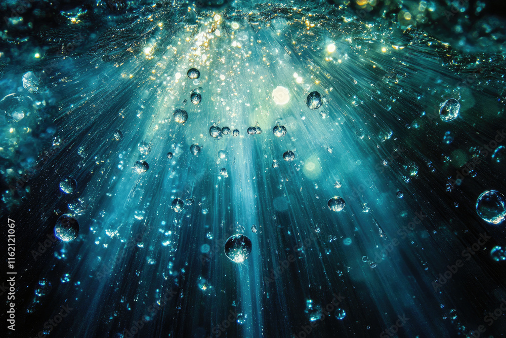 Poster underwater scene with light beams creating a mesmerizing effect with numerous bubbles rising upwards