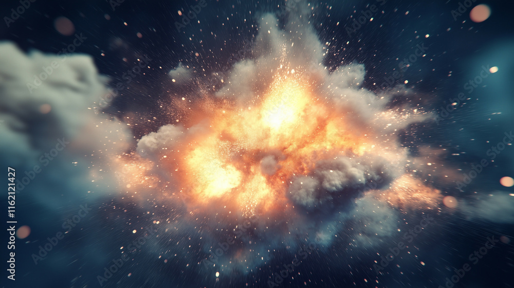 Poster a vibrant explosion of colorful particles spreading outward in a dynamic motion, set against a deep 