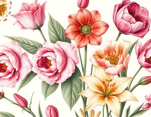 Detailed illustration of colorful flowers with delicate petals in botanical art style.