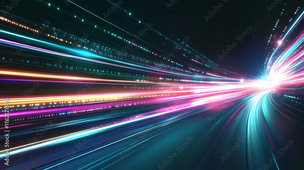 Poster a vibrant explosion of colorful particles spreading outward in a dynamic motion, set against a deep 