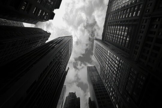 Low-angle view of skyscrapers reaching skyward. - Powered by Adobe