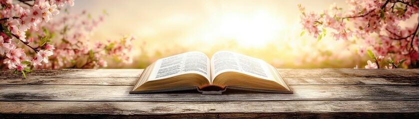 Obraz premium Open book on wooden table surrounded by blooming flowers with soft sunlight at sunrise, symbolizing knowledge, tranquility, and nature's beauty