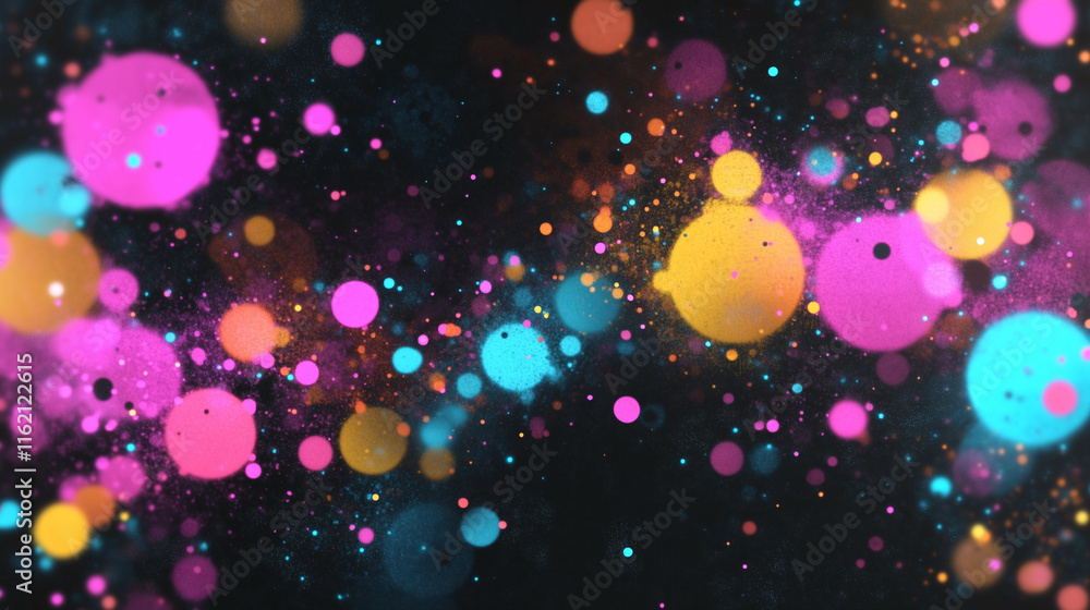 Poster an electrifying particle explosion featuring bright neon colors radiating across a dark environment.