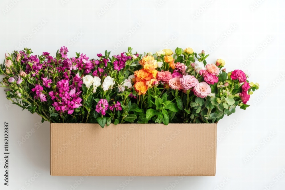 Poster Vibrant fresh flowers arranged in a cardboard delivery box with ample space for customization. Generative AI