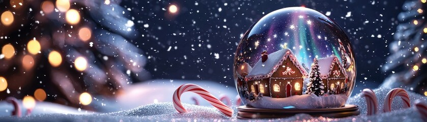 Fototapeta premium An Artistic Snow Globe Featuring a Dazzling Winter Wonderland with a Cozy Cottage and Magical Christmas Ambiance
