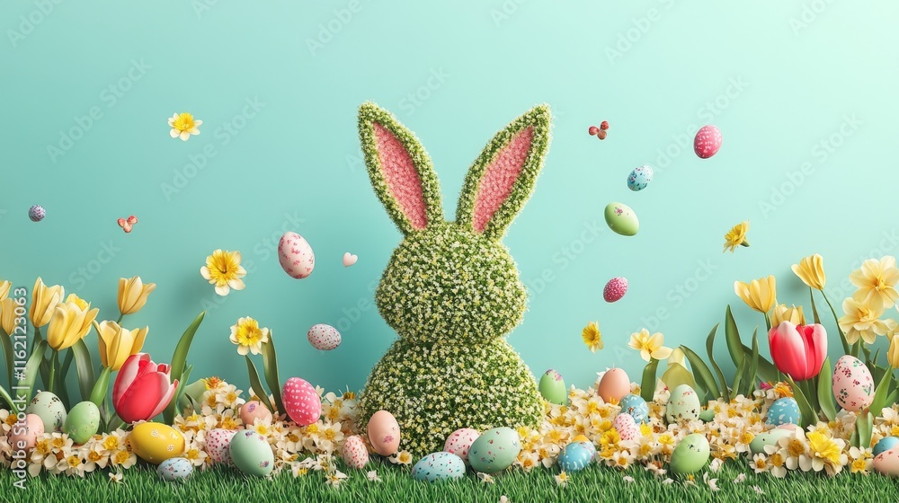 Poster easter bunny topiary garden with tulips and daffodils in 3d rendering