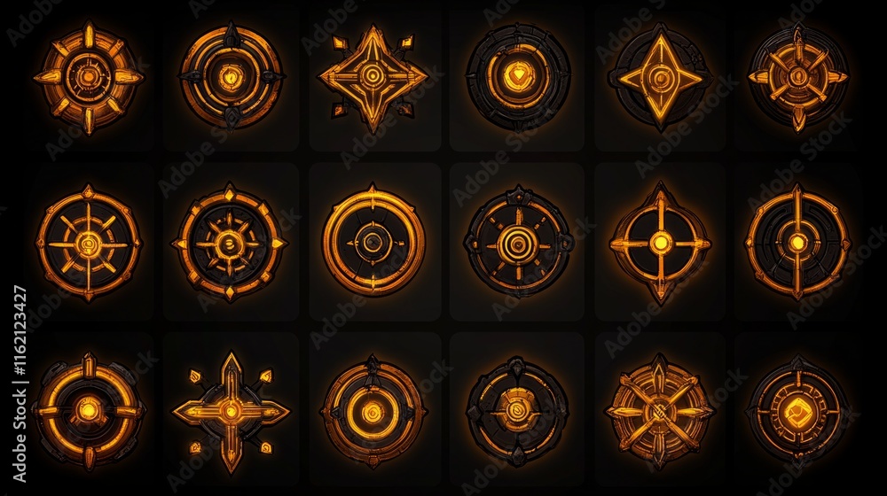 Poster golden compass icons game ui design assets