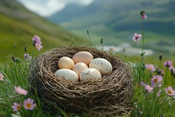 Nest with eggs surrounded by wildflowers in a picturesque landscape during daytime