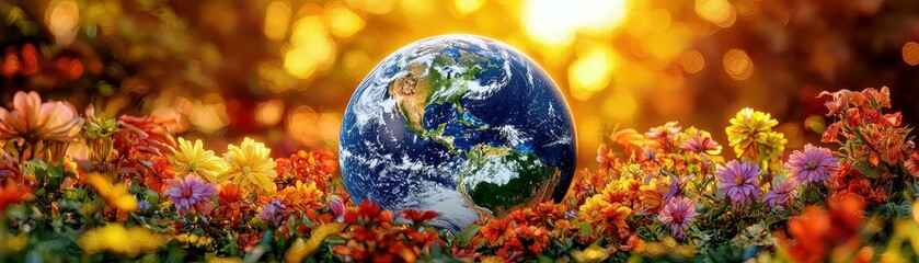 Fototapeta premium Vibrant Earth Surrounded by Colorful Flowers Under Warm Sunlight with a Bokeh Background Representing Nature and Environmental Beauty