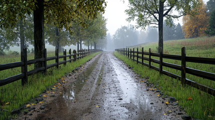Fototapeta premium Camino rural con charcos, cercas de madera y árboles en un paisaje con niebla y vegetación al aire libre.