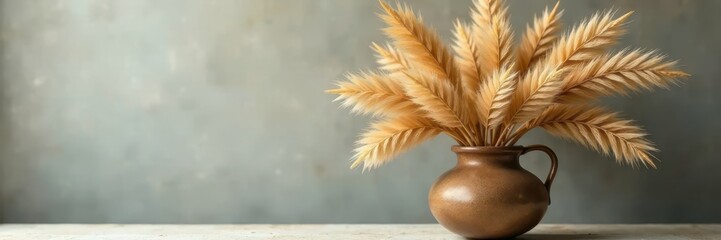 Naklejka premium Dried pampas grass & vintage gold flowers in a rustic vase , ornate, stock photo