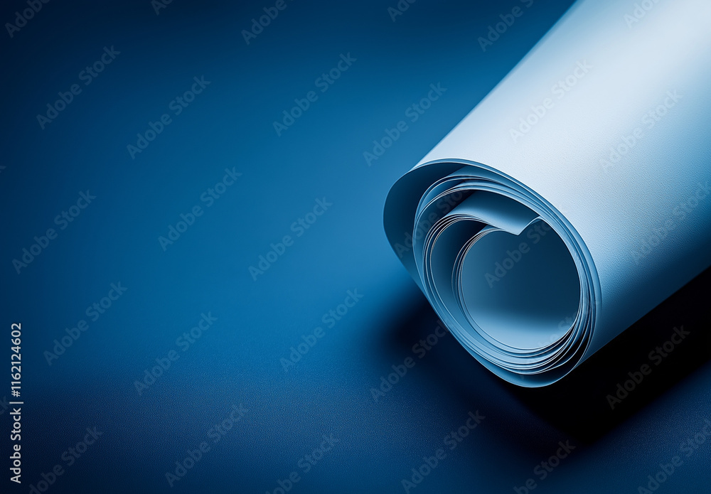 Poster elegant blue gradient background transitioning from light to deep tones, featuring a curved, dark ab