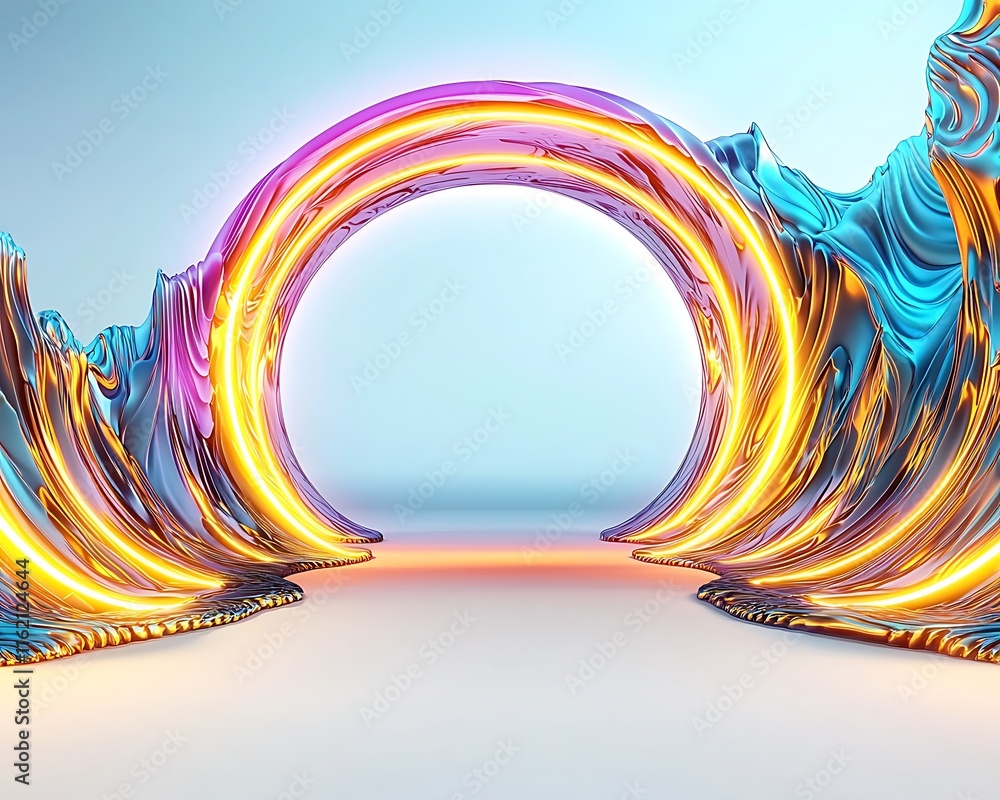 Poster vibrant abstract landscape with dynamic waves and radiant arching structure illuminated by soft ligh