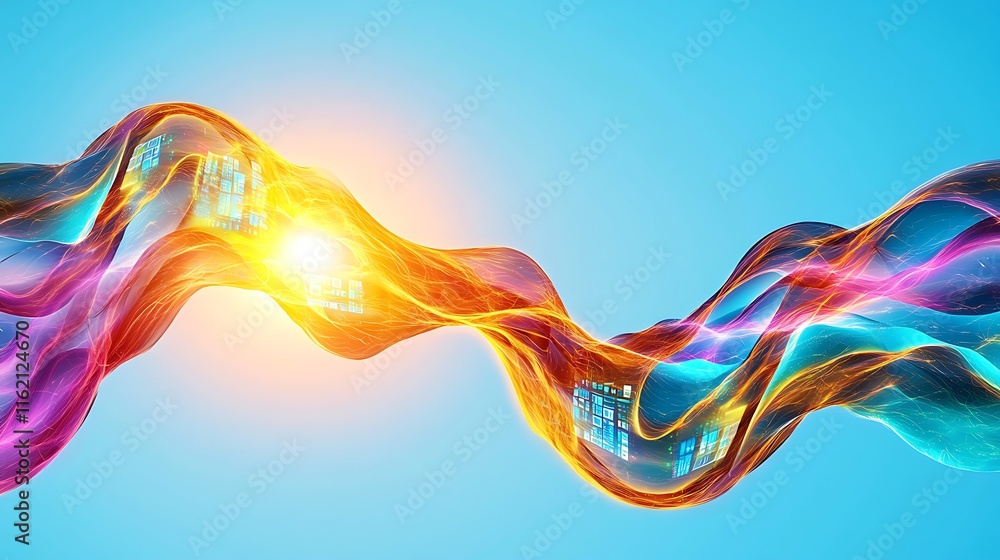 Poster abstract representation of vibrant energy waves blending with digital elements in a dynamic and colo