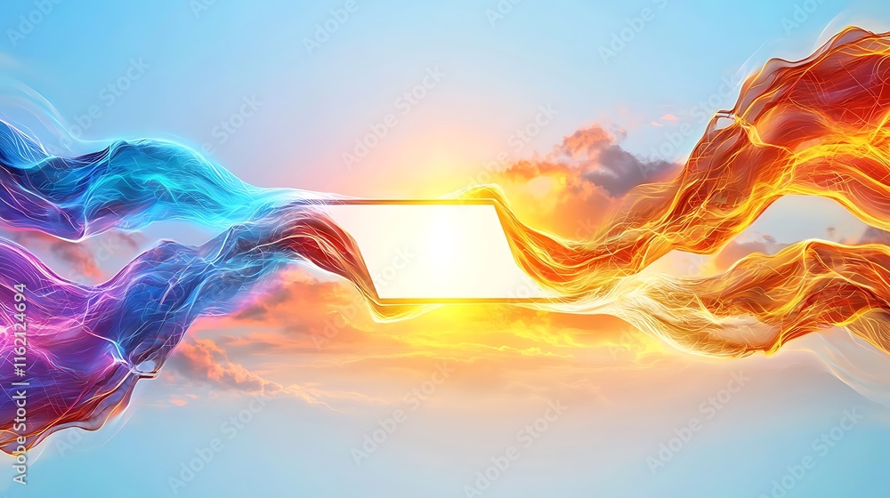 Poster abstract colorful waves blending with bright sunset and blank frame for creative design projects
