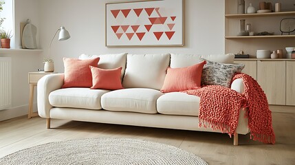 Modern living room interior with off-white sofa, coral cushions, throw, and geometric art.