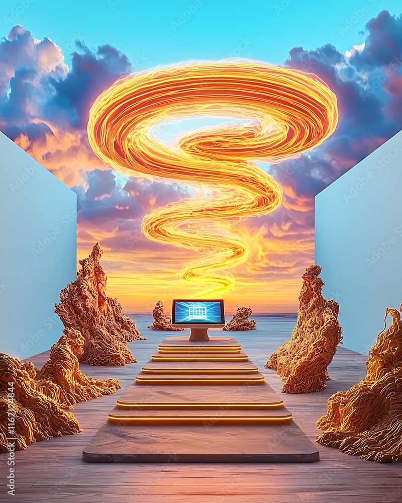 Poster surreal digital landscape with abstract swirling energy and modern computer surrounded by ethereal e