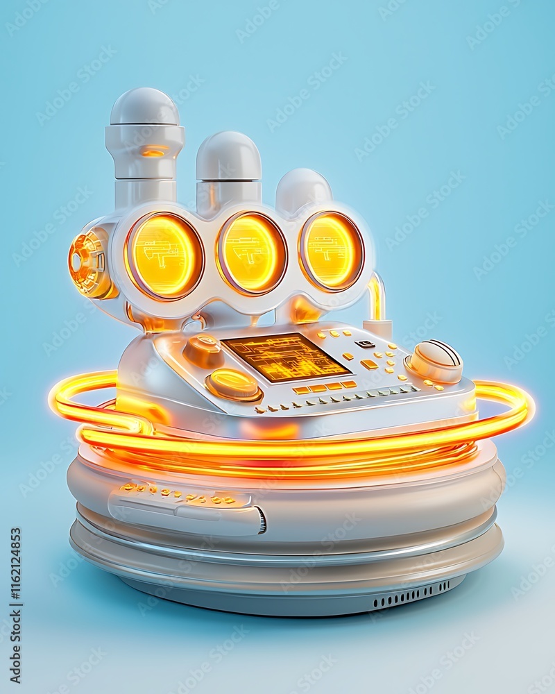 Poster futuristic device with neon lights and high-tech features for science fiction and digital art enthus