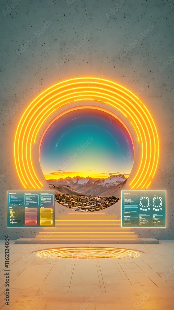 Poster futuristic digital portal with neon glow and mountain view surrounded by data displays in a modern a