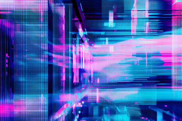 Abstract blue, mint and pink background with interlaced digital glitch and distortion effect. Futuristic cyberpunk design. Retro futurism, webpunk, rave 80s 90s cyberpunk aesthetic techno neon colors