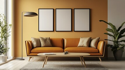 Modern living room interior with orange leather sofa, three blank frames, floor lamp, and plant.
