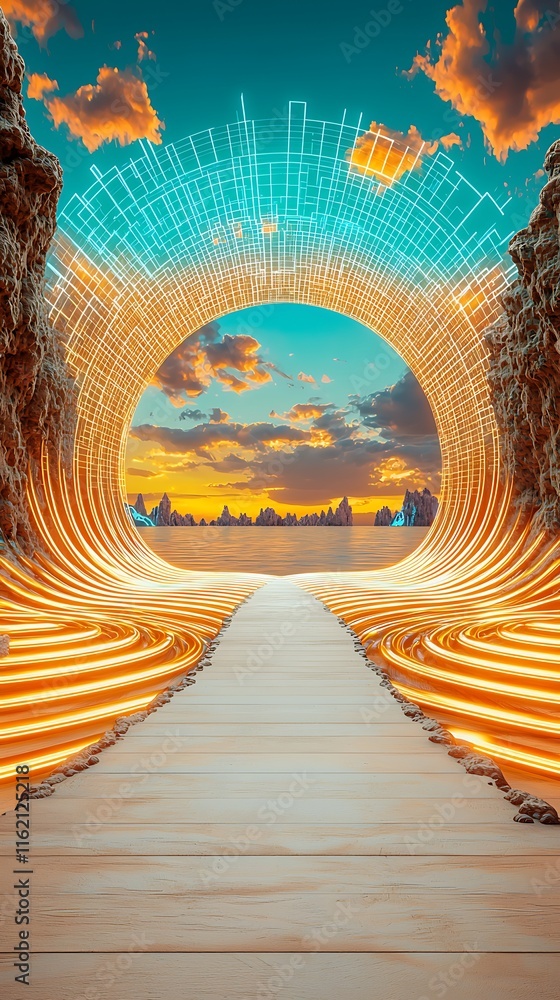 Poster a surreal path leading through an illuminated circular portal with vibrant colors and abstract graph