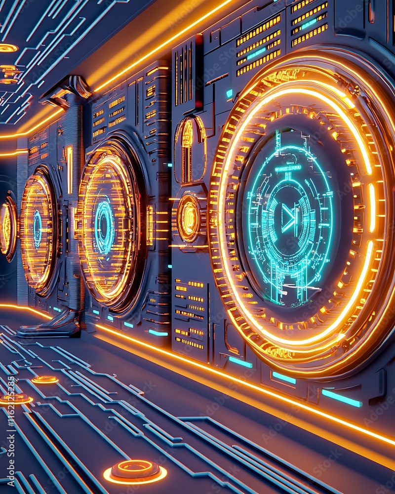 Poster futuristic digital corridor with neon lights and high-tech circuits featuring glowing circular inter