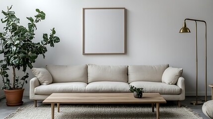 Minimalist living room interior with beige sofa, wooden coffee table, potted plants, and blank frame on wall.