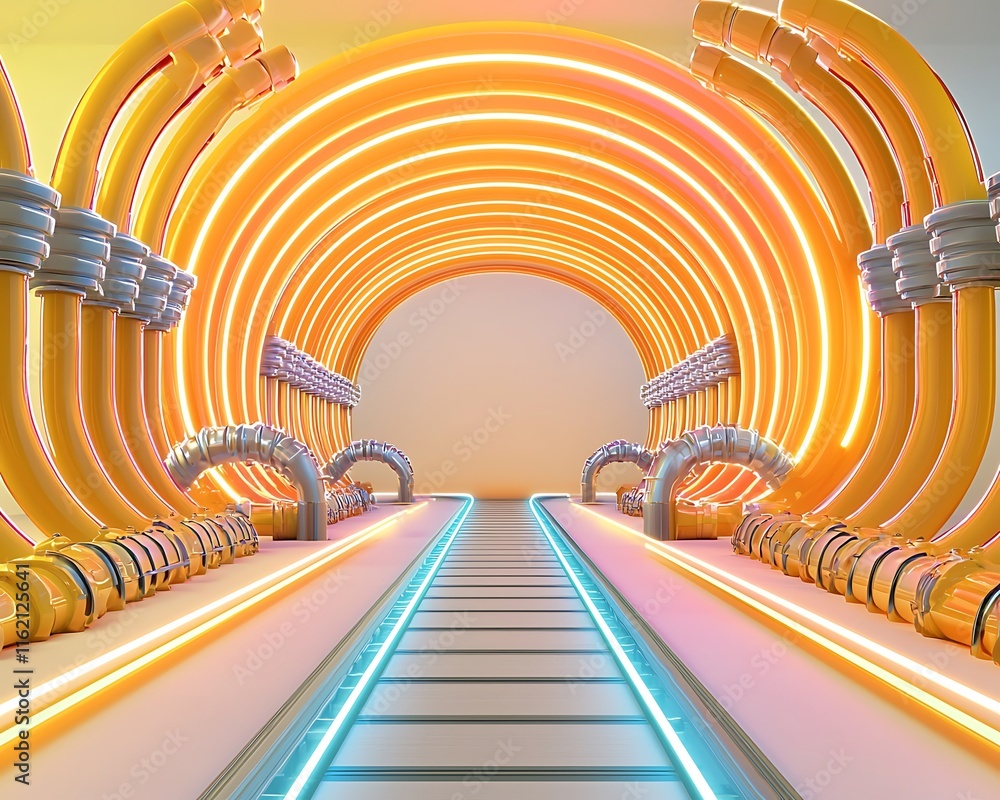 Poster futuristic tunnel with glowing pipes and colorful neon lights creating a mesmerizing visual experien