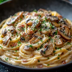 An exquisite serving of the most delicious creamy spaghetti carbonara with sauteed mushrooms,...