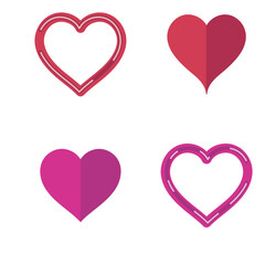Set of 4 pink, red heart icons, simple vector cartoon doodle style illustration elements for product or web design.