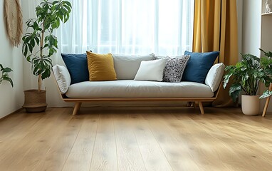 Fototapeta premium Light living room with sofa, plants, and hardwood floor.